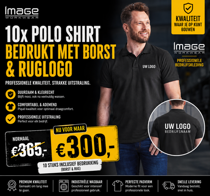 Bedrijfskleding deal: 10 polo's bedrukt met een borst en ruglogo
