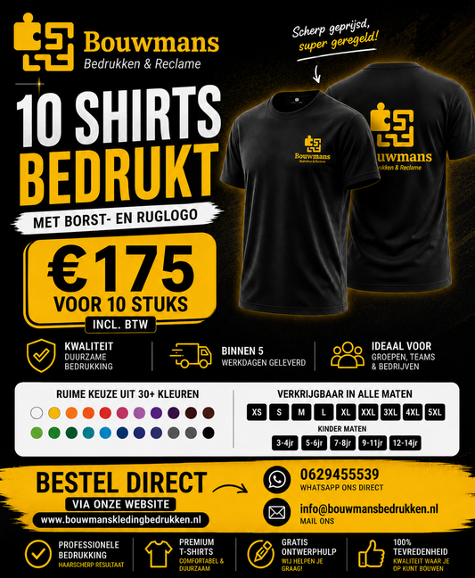 10 T-shirts bedrukt met een borst en ruglogo